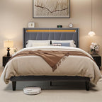 Allewie Queen Size LED Bed Frame with Charging Station, Velvet Upholstered Platform Bed with Geometric Wingback Headboard, Modern Frame with No Box Spring Needed, Easy Assembly, Grey