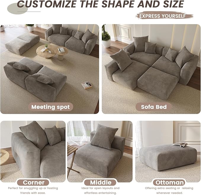 WJShome Cloud Couch Modular Sectional Sofa,102inch L Shaped Sofa with Ottoman,Brown 3 Seater Corduroy Couch,Convertible Sectional Sofa for Living Room,Cushion Covers Removable& Washable