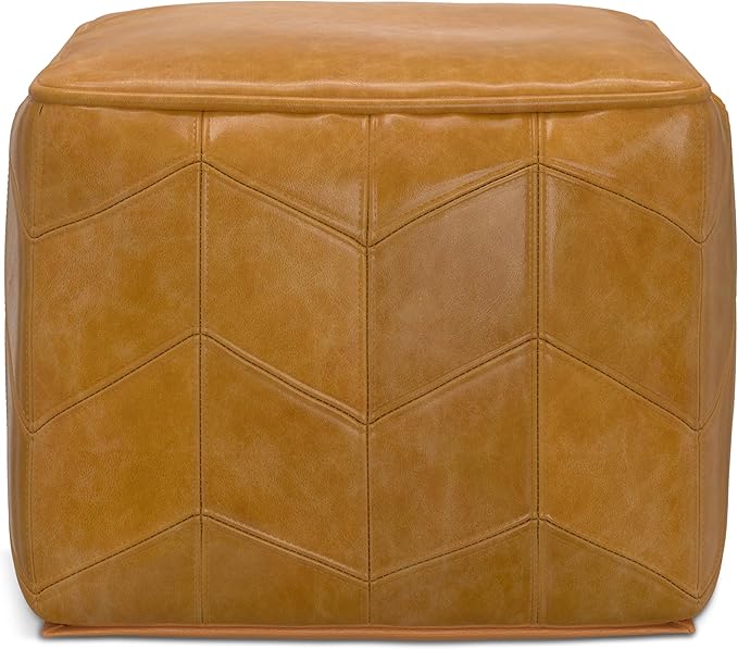 SIMPLIHOME Morden Contemporary Square Pouf in Brown Genuine Leather for The Living Room, Bedroom and Kids Room