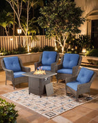 Outdoor Patio Chairs with Fire Pit Table 5 Piece Set - High Back Brown Wicker Rattan Lawn Chair with Thick Cushion for Porch Apartment Deck Yard Poolside Garden - Navy Blue