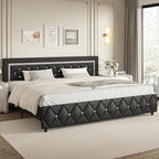 BarnFurin King Size Bed Frame and Headboard, Faux Leather Upholstered Bed with Diamond Tufted Design, Modern Platform Bed Frame with Wooden Slats Support, No Box Spring Required, Easy Assembly, Black