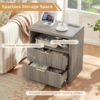 LEYAOYAO Fluted Nightstand with Charging Station, 23" Wide 2 Drawers End Table,Grey Night Stand with Open Storage Cabinet, Farmhouse Bed Side Tables, Wood Dresser for Bedroom, Living Room, Closet