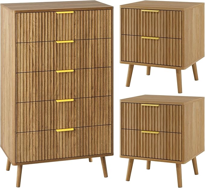LYNSOM Fluted Dresser and Nightstand Sets 3 Piece, 5-Drawers Dresser and 2-Drawer Nightstands Set of 2, Wood Bedroom Furniture Set for Home, Bedroom, Hallway, Natural Oak
