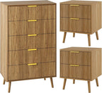 LYNSOM Fluted Dresser and Nightstand Sets 3 Piece, 5-Drawers Dresser and 2-Drawer Nightstands Set of 2, Wood Bedroom Furniture Set for Home, Bedroom, Hallway, Natural Oak