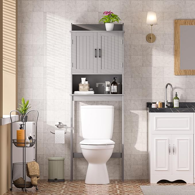 Over-The-Toilet Storage Shelf with Doors, Bathroom Freestanding Organizer Space Saver with Adjustable Shelf, Gray