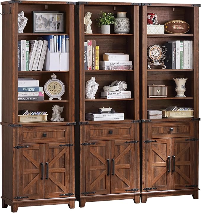 72in Tall Bookshelf 7 Tier Bookcase with Drawer and Barn Doors and Adjustable Shelves, Brown Farmhouse Book Shelf with Storage Cabinet, Wood Freestanding Display Bookshelves for Kitchen (3PCS)