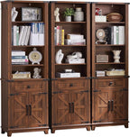 72in Tall Bookshelf 7 Tier Bookcase with Drawer and Barn Doors and Adjustable Shelves, Brown Farmhouse Book Shelf with Storage Cabinet, Wood Freestanding Display Bookshelves for Kitchen (3PCS)