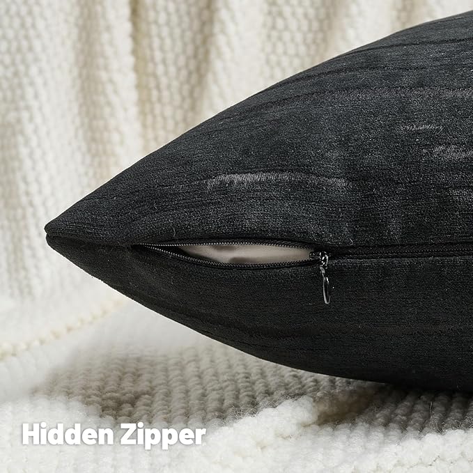 FUTEI Black Chenille Decorative Throw Pillow Covers 16x16 Inch Set of 2,Soft Embossed Striped Textured Cushion Case,Modern Home Decor for Couch Bed Living Room