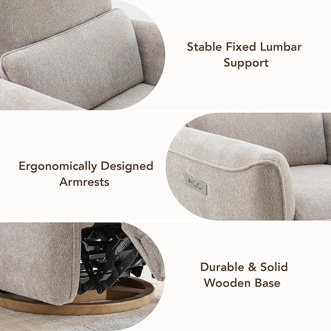 CHITA Power Nursery Rocking Chair, Swivel Glider Recliner Chair with Solid Wood Base, Bulit-in USB & Type-C Charging Ports for Living Room, FSC Certified, Taupe