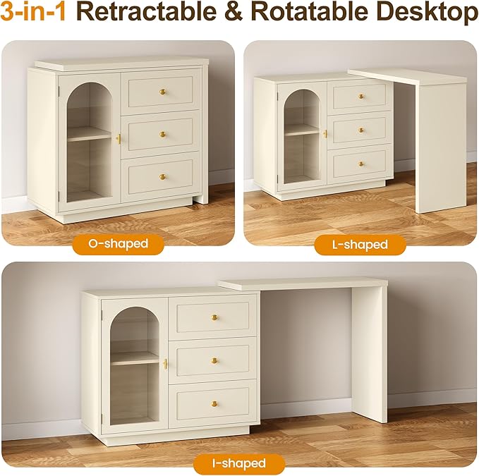 RoyalCraft L Shaped Home Office Desk, Extendable and Rotatable Desk with 3 Drawers and Door, Corner Computer Desk, Modern Study Writing Table for Bedroom, Home Office, Beige