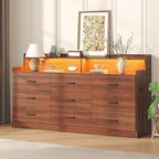 Bigbiglife 9 Drawer Dresser with Built in Power Outlet and LED Light, Modern Chest of Drawers for Bedroom, Triple Wide Drawer Organizer Cabinet for Living Room, Entryway, Hallway, Walnut Brown