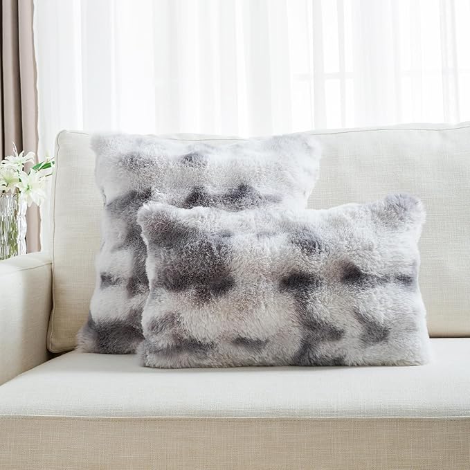 FUTEI Grey White Decorative Throw Pillow Covers 16x16 Inch Set of 2,Soft Fuzzy Faux Rabbit Fur Cushion Covers with Raised Texture,Neutral Boho Home Decor for Couch Bed Living Room