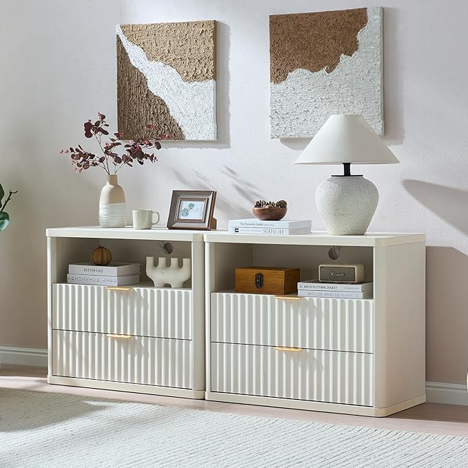 LEYAOYAO 31" Wide Fluted Nightstand with Charging Station, Oversized Extra Large 2 Drawers Night Stand,White Wood Bedside Table,Tall Bed Side End Tables,Modern Chest of Drawers Dressers for Bedroom