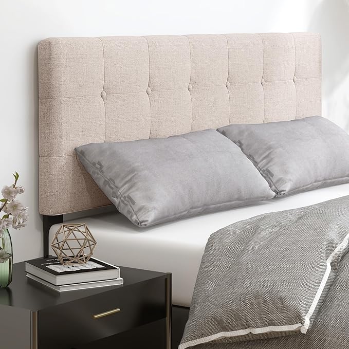 Giantex Linen Upholstered Headboard, Adjustable Width Button Tufted Headboard Only with Solid Wood Legs, Attach Frame, Modern Headboards for Queen Full Size Bed, Beige