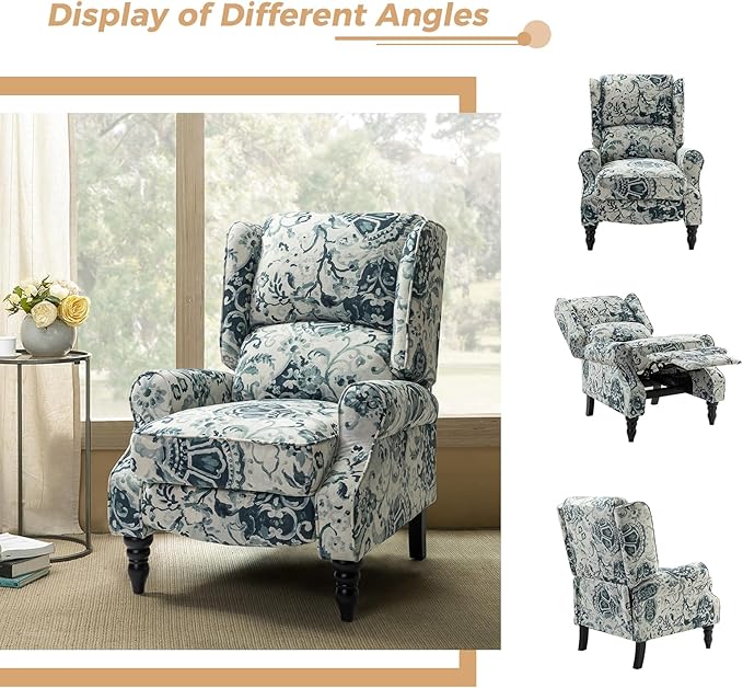 HULALA HOME Upholstered Wingback Recliner Chair Set of 2, Small Adjustable Footrest Push Back Single Reclining Sofa, Mid Century Modern Lounge Armchair for Living Room, Bedroom, Reading/Floral