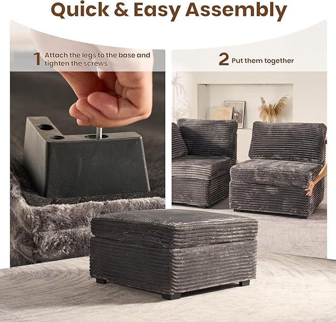 32.7'' Ottoman for Modular Sectional Sofa, Deep Seat Upholstered Footstool for Sofas Set, L/U/V Shaped Plush Corduroy Cloud Couch for Living Room Apartment, Grey