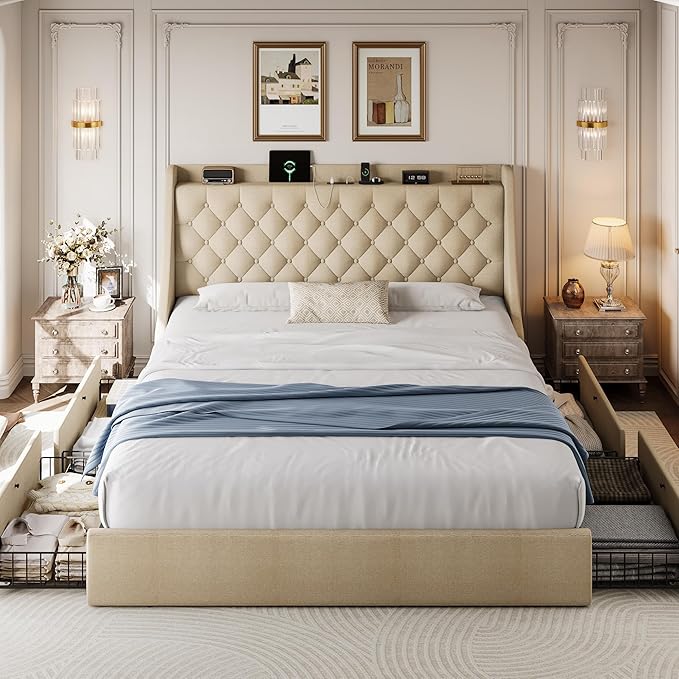 King Size Upholstered Platform Bed Frame with 4 Storage Drawers and Charging Station, Linen Button Tufted Wingback Headboard, Sturdy Wooden Support Slats, No Box Spring Needed, Beige