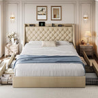 King Size Upholstered Platform Bed Frame with 4 Storage Drawers and Charging Station, Linen Button Tufted Wingback Headboard, Sturdy Wooden Support Slats, No Box Spring Needed, Beige