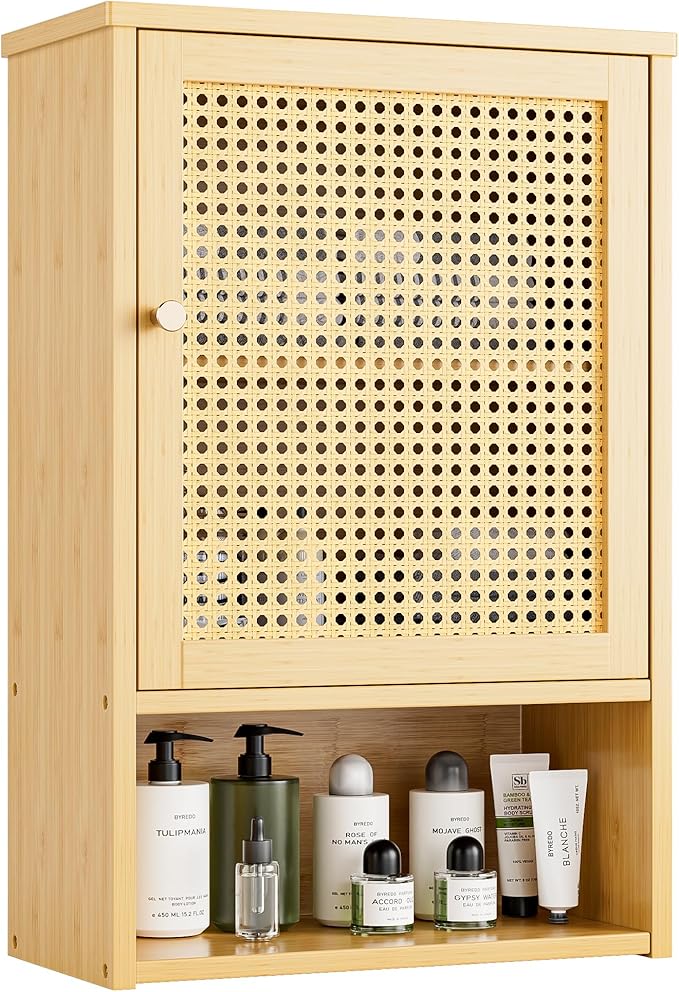 Bathroom Wall Cabinet, Bamboo Over-The-Toilet Storage Organizer with Rattan Doors and Adjustable Shelf, Space Saver Medicine Cabinet for Laundry, Kitchen, Living Room (Natural)