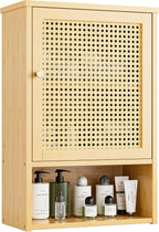 Bathroom Wall Cabinet, Bamboo Over-The-Toilet Storage Organizer with Rattan Doors and Adjustable Shelf, Space Saver Medicine Cabinet for Laundry, Kitchen, Living Room (Natural)