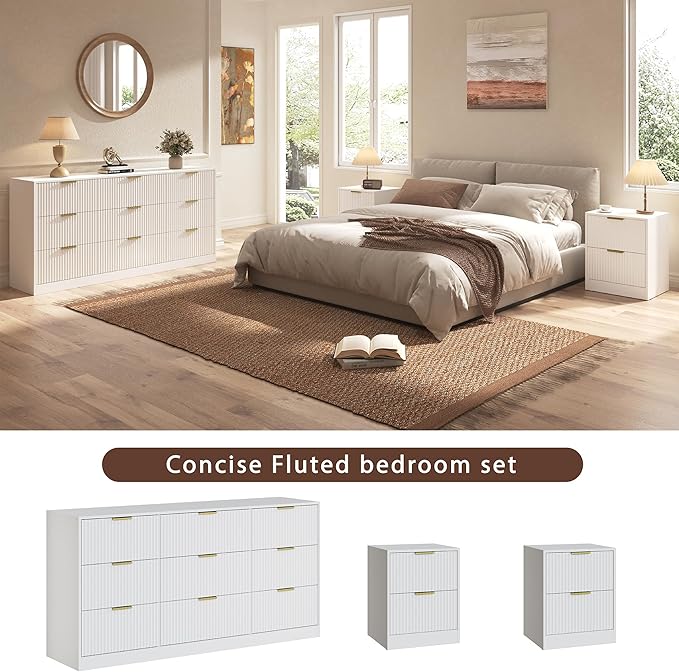 3-Piece Modern Bedroom Furniture Set, Wide 9-Drawer Dresser & 2-Drawer Nightstands Set of 2, Natural Wood Dresser and Nightstand Sets for Bedroom, Hallway, White