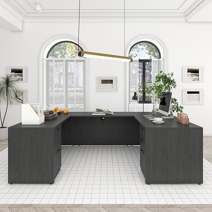 100.4" U-Shaped Executive Computer Desk with Lockable File Cabinets, Large Home Office or Business Workstation with Drawers, Cable Management (Gray)