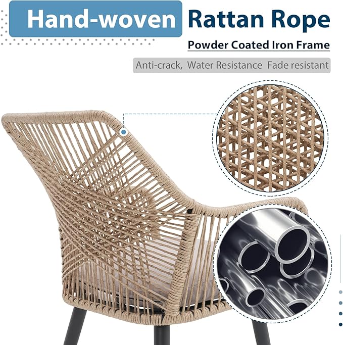 JOIVI 5 Pieces Outdoor Patio Dining Sets, Rattan Dining Chairs Set of 4 with Cushions, Outdoor Round Table with Tempered Glass Tabletop & 2.16”Umbrella Hole, Tan