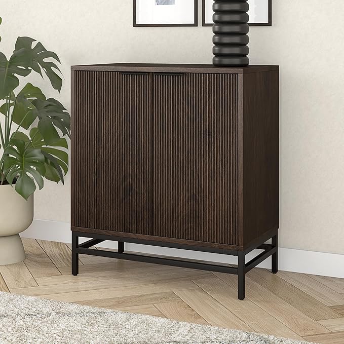 Henn&Hart 28" Fluted Wooden Accent Cabinet, Modern Ribbed Sideboard Buffet Cabinet with 2 Doors and an Adjustable Shelf for Living Room, Dining Room, Bedroom or Entryway, Alder Brown