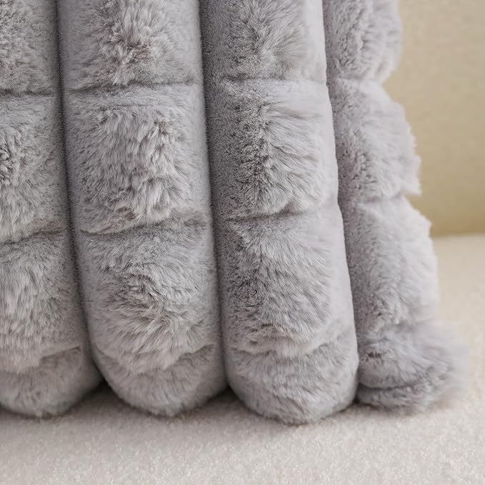 Neelvin Grey Faux Fur Cozy Soft Plaid Decorative Throw Pillow Covers 18x18 inch Set of 2,Velvet Pillowcase Cushion Case for Sofa Couch