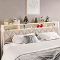 King Headboard Only, Headboard for King Size Bed with Storage, Upholstered Headboards with LED Lights & Charging Station, Attach Frame, Ideal for Bedroom/Dorm/Guest Room, White & Beige