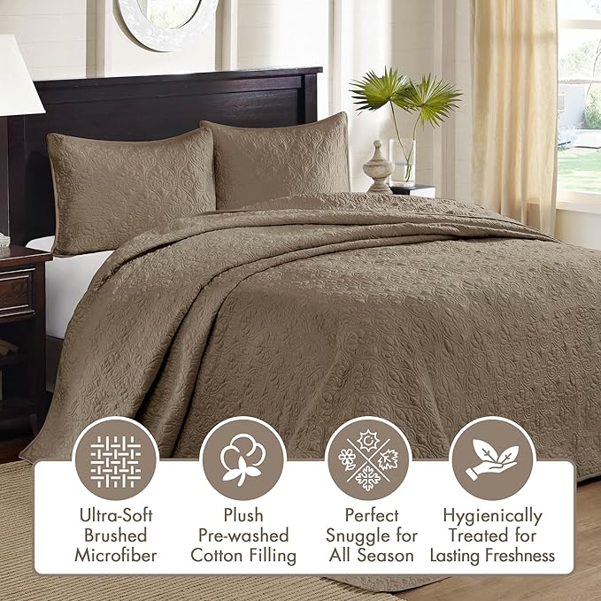 Madison Park Quebec Reversible Quilt Set Damask Design, Double Sided Stitching All Season, Lightweight Bedspread Bedding Set, Matching Sham, Khaki, King(120"x118") 3 Piece
