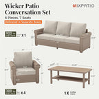 Patio Furniture Set 6 pcs, Wicker Outdoor Patio Furniture, 3-Seat Sofa, 4 Single Chairs and 56" Gas Fire Pit Table, Rattan Patio Conversation Set for Backyard Deck, Beige