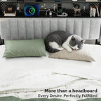 VINGLI Full Size Headboard Only, Adjustable Upholstered Headboard with 2 Tier Shelves and Pegboard with Charging Stations and LED Lights, Modern Bed Headboard with Storage for Bedroom Decor