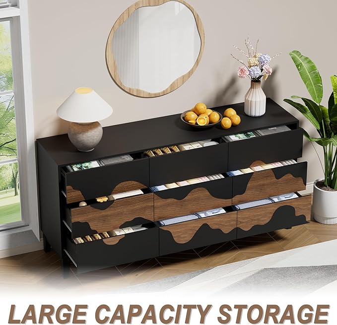 UEV 9 Drawer Dresser for Bedroom, 63" Long Mid-Century Modern Chest of Drawers with Unique Water Stream Pattern, Wooden Dressers Organizer for Living Room, Nursery (Black and Brown)