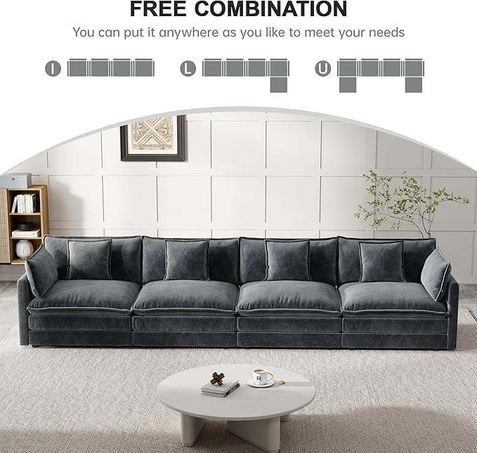 Modular Sectional Sofa, 146.5 Inch I-Shaped Cloud Sofa with Deep Seat Chenille Sofa with Cushions, Four Seater Sectional Sofa for Living Room Apartment,Gray