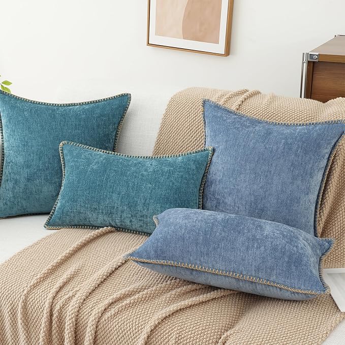 decorUhome Chenille Soft Throw Pillow Covers 18x18 Set of 2, Farmhouse Velvet Neutral Decorative Euro Pillow Covers with Stitched Edge for Couch Sofa Bed Home Decor, Teal