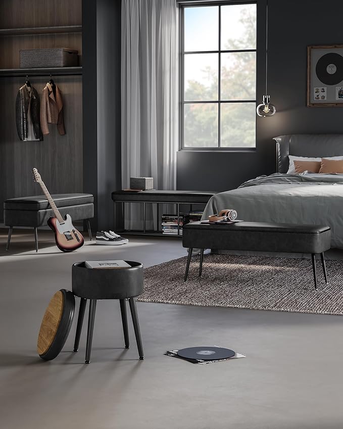 VASAGLE EKHO Collection - Bench for Entryway Bedroom, Synthetic Leather with Stitching, Ottoman Bench with Steel Legs, Living Dining Room, Mid-Century Modern, Loads 660 lb, Ink Black ULOM076B01