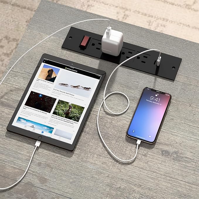 Vabches Farmhouse 61'' Executive Desk with 5 Drawers, Rustic Office Desk Computer Desks with Charging Station, File Drawers and Storage Cabinet, Wood Workstation for Study and Home Office,(Grey).