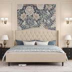 Belffin Full Size Bed Frame with Headboard, Upholstered Velvet Luxury Bed Frame with Wingback, Anti-Slide Tall Footboard, Button Tufted & Nailhead Trim, Noise-Free, No Box Spring Needed, Beige