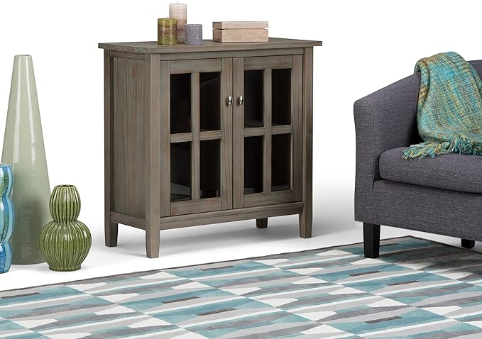 SIMPLIHOME Warm Shaker SOLID WOOD 32 inch Wide Transitional Low Storage Cabinet in Distressed Grey for the Living Room, Entryway and Family Room