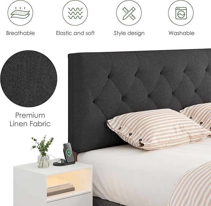 Upholstered Full Headboard, Full Size Headboard Only for Bed Frame from 42”-55”, Adjustable Height Full headboard with Durable Wood Legs, Fabric Bed Headboard in Modern Button Design, Dark Grey