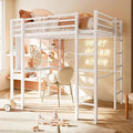 SUNLEI Metal Twin Loft Bed with Desk, Twin Size Loft Bed with 2 Built-in Ladders & Safety Guard, Noise Free for Small Bedroom, Matte White