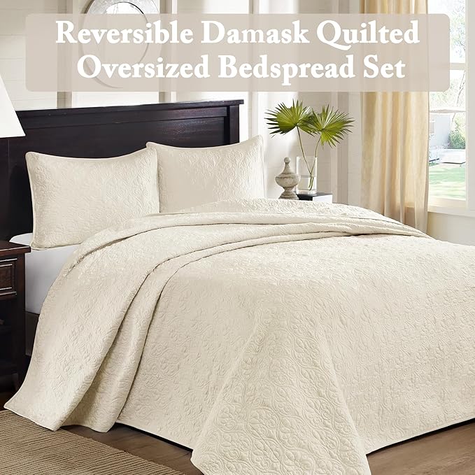 Madison Park Quebec Full Size Quilt Bedding Set - Ivory , Damask – 3 Piece Bedding Quilt Coverlets – Ultra Soft Microfiber Bed Quilts Quilted Coverlet