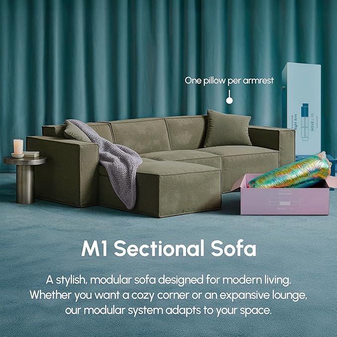 ROVE LAB M1 Sectional Sofa with Ottoman- Sectional Couches for Living Room, Sustainable 3 Seat Couch, One Person Assembly, High Density Foam (Copper Tan)