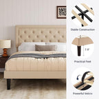 Allewie Queen Size Button Tufted/Fabric Upholstered Bed Frame with Adjustable Headboard/Wood Slat Support/Mattress Foundation/Beige