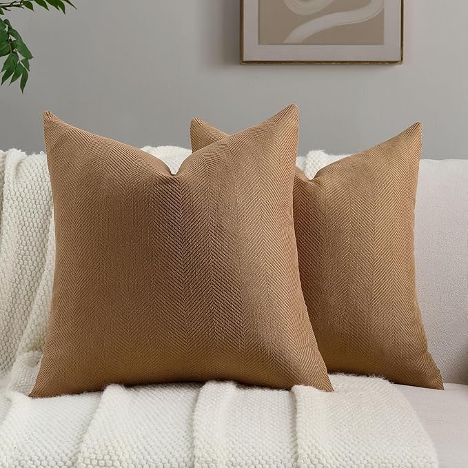 FUTEI Rust Chenille Throw Pillow Covers 16x16 Inch Set of 2,Soft Wide Chevron Textured Cushion Case,Farmhouse Home Decor for Couch Bed Living Room