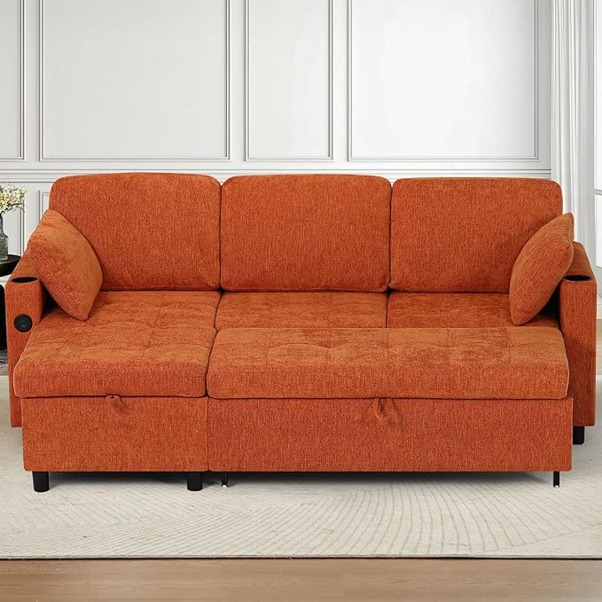 84" Chenille Pull Out Sofa Bed w/Adjustable Backrest, L-Shape Modern Sleeper Sofa w/Reversible Chaise, Upholstered Sectional Couch w/USB Port and Side Pockets for Living Room, House, Orange