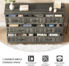 CARPETNAL Farmhouse 7 Drawer Dresser for Bedroom, 55 Inch Wide Modern Grey Dresser TV Stand with Large Drawers & Bar Handles, Rustic Wood Chest of Drawers for Bedroom, Living Room, Hallway, Entryway.