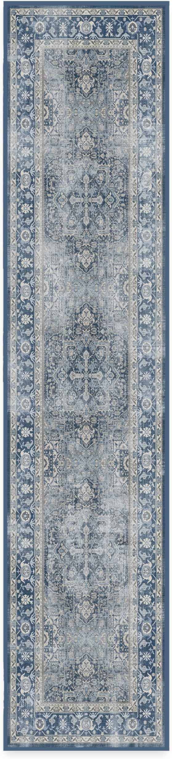 RUGGABLE Washable Vintage Runner Rug – Kamran Admiral Blue 2.5x12, Stain-Resistant, Non-Slip Hallway Runner – Machine Washable Rug for Hallway, Entryway, Living Room & Kitchen–with Standard Pad