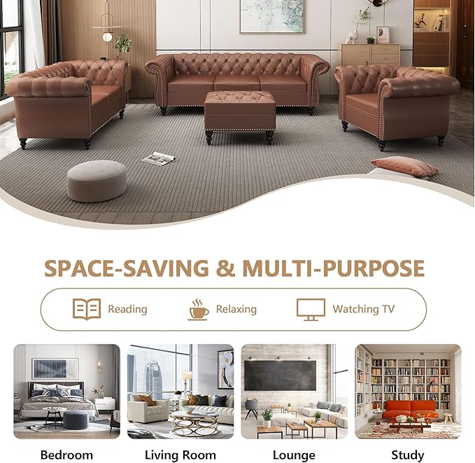 2 Piece Living Room Furniture Set, Faux Leather Loveseat and Chair Set, Mid Century Modern Upholstered Sofa Couch with Cushions, Vintage Comfy Tufted Chesterfield Couches for Bedroom, Office (Brown)